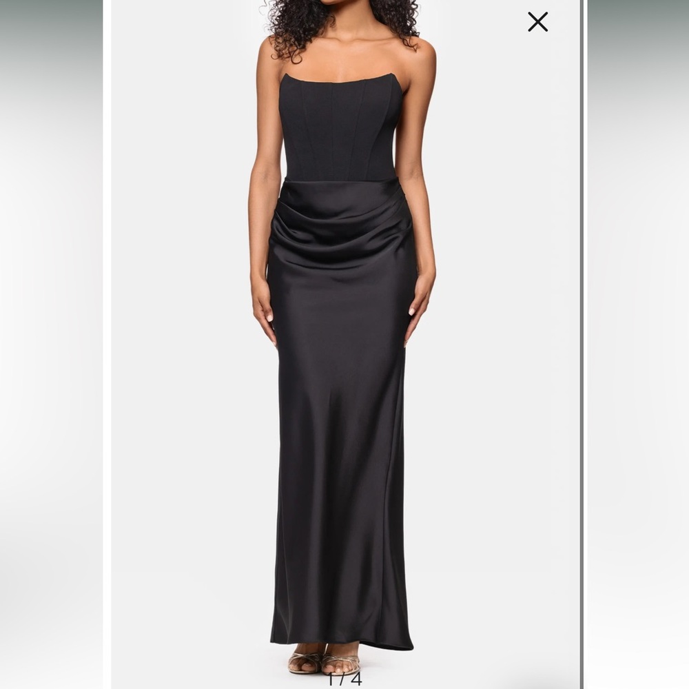 Betsy and Adam strapless corset mixed media draped gown in black